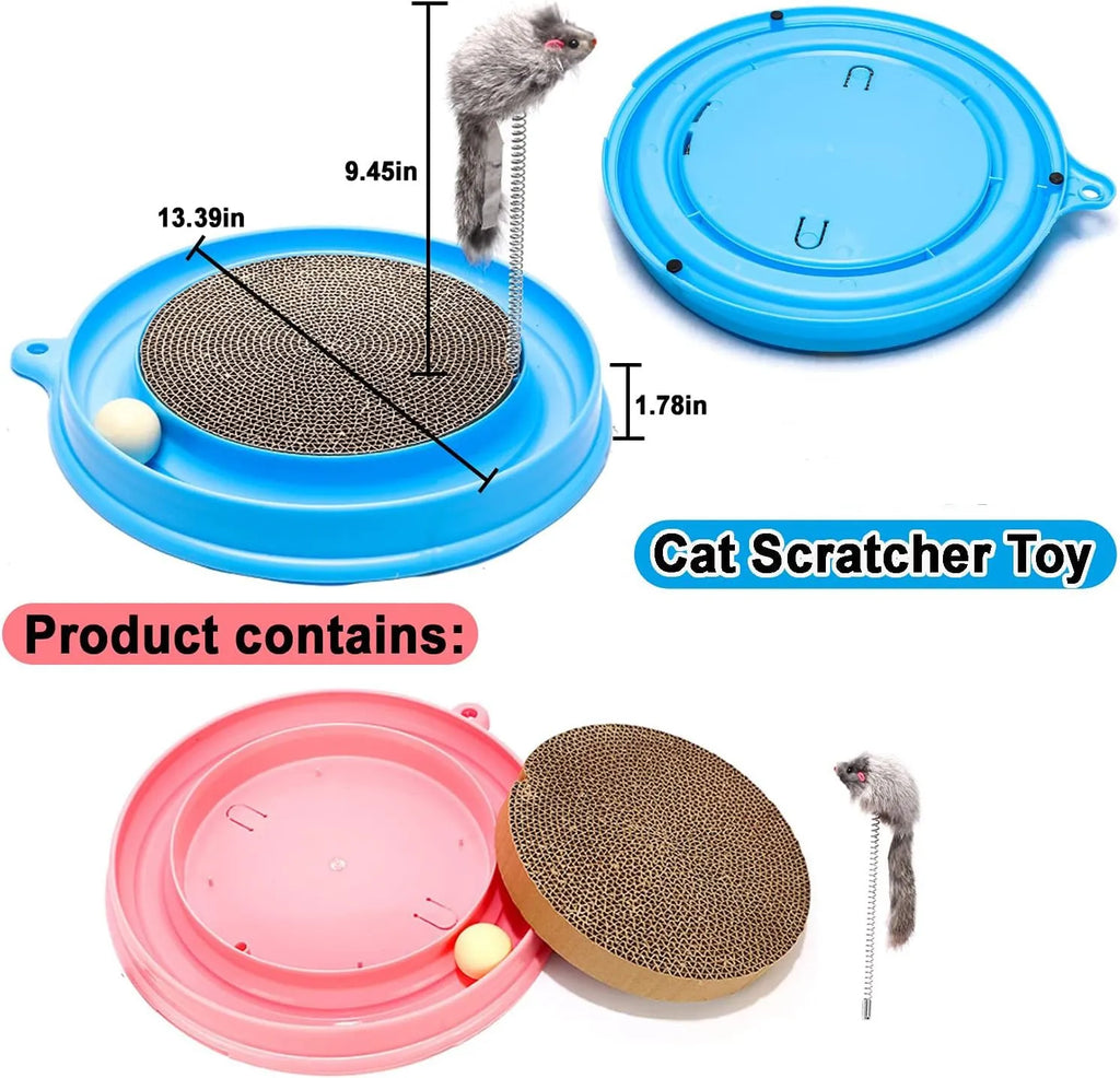 Circular blue cat scratcher with ball track and replaceable cardboard centre for indoor play