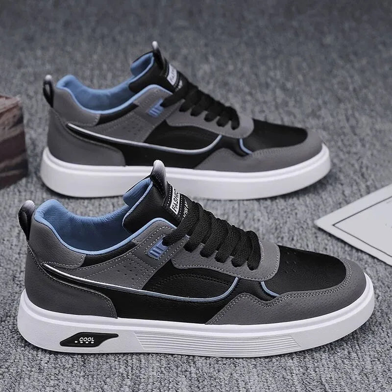 Men's Korean-style canvas board shoes with leather stitching and mesh lining in solid colour options