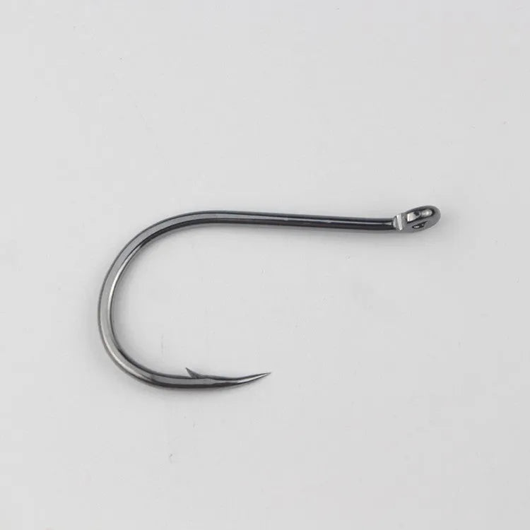 Barbed crooked mouth fishing hooks with hole rings for sea rock fishing, made from alloy carbon steel.