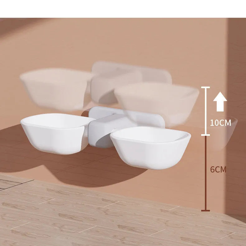 Automatic plastic pet feeder with double bowl and adjustable height, shown in white or yellow with one cat bowl