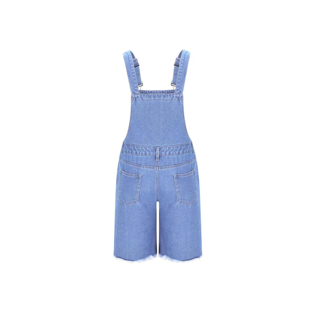 Men's ripped denim suspender shorts in dark blue with straight-leg cut