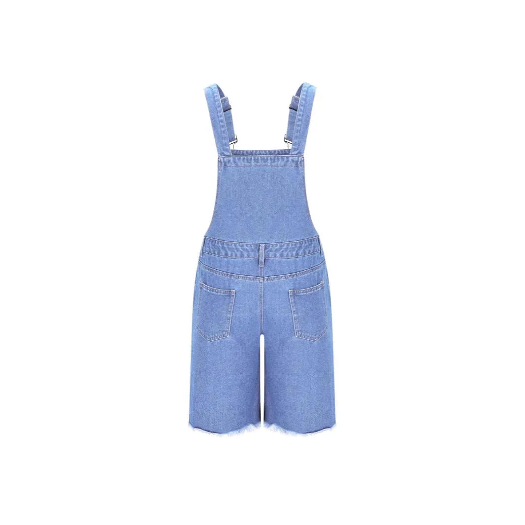 Men's ripped denim suspender shorts in dark blue with straight-leg cut