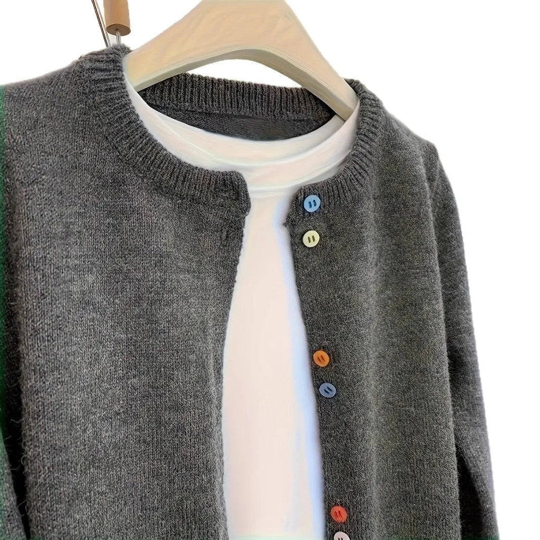 Dark grey women's button-front cardigan sweater on a hanger, showing long sleeves and regular length.