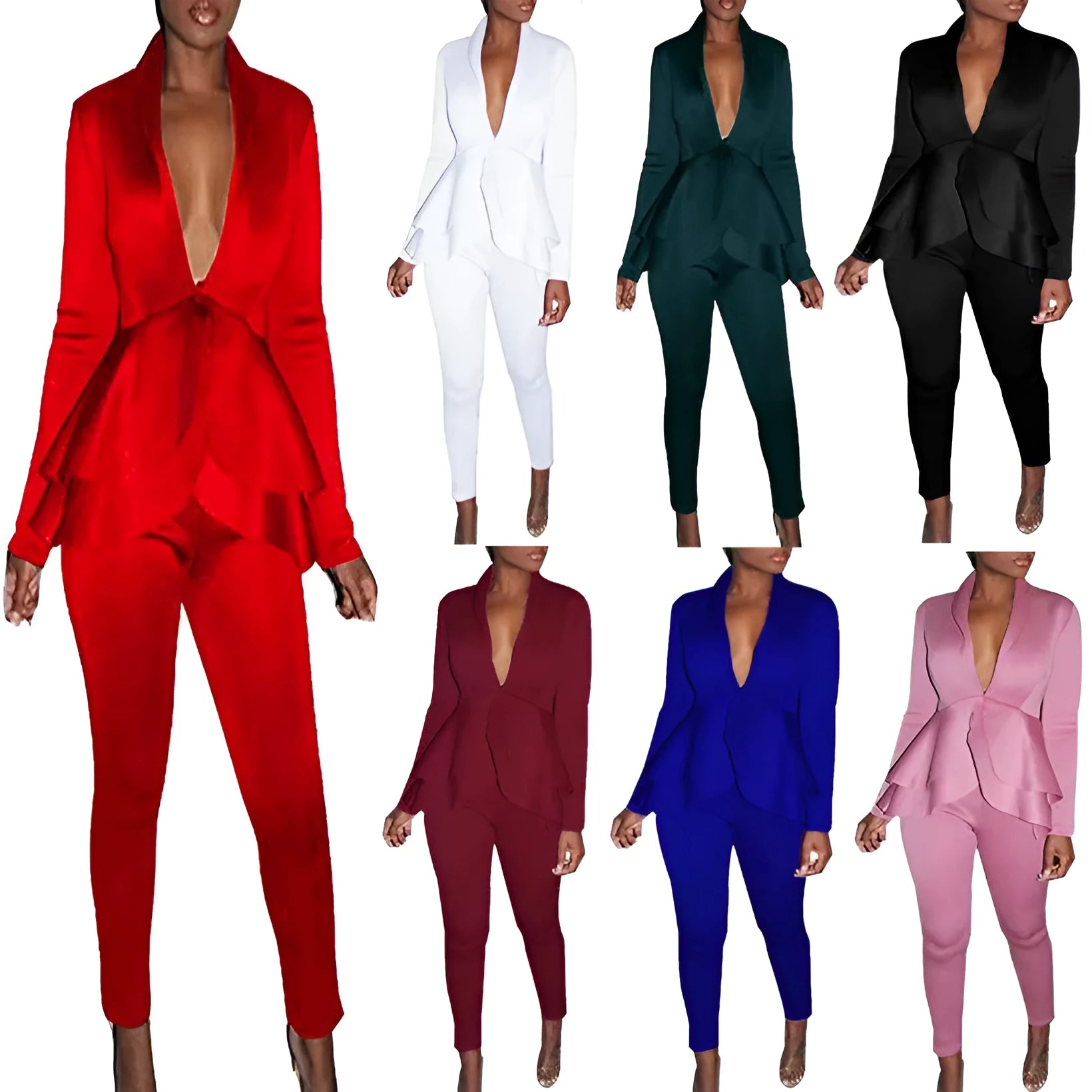 Women's ruffled business uniform set with pencil pants in multiple colour options