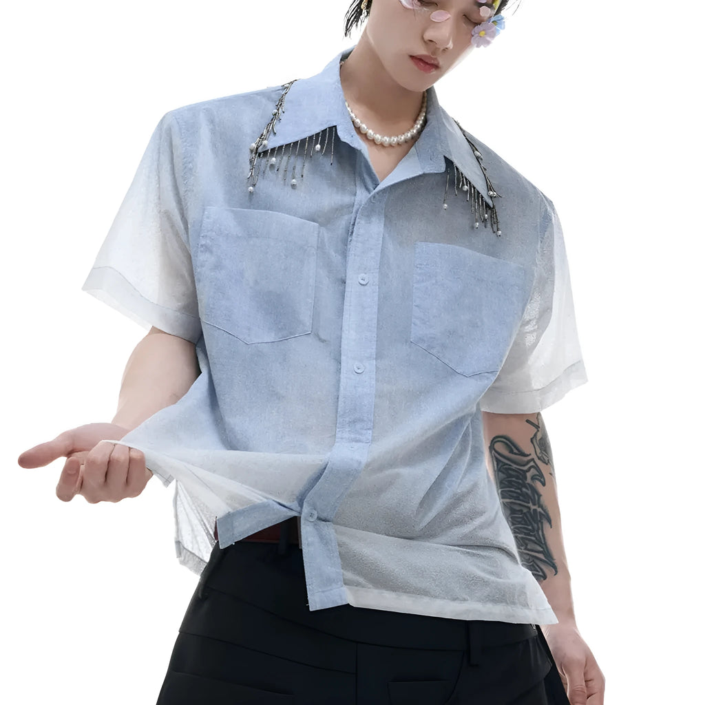 Men's loose fit blue white gradient shirt with quilted details and short sleeves