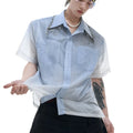 Men's loose fit blue white gradient shirt with quilted details and short sleeves