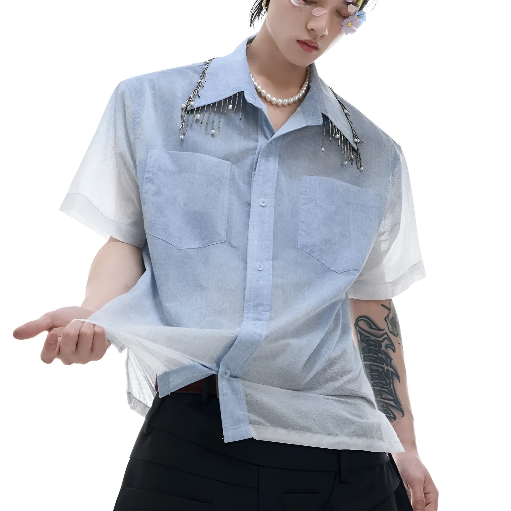 Men's loose fit blue white gradient shirt with quilted details and short sleeves