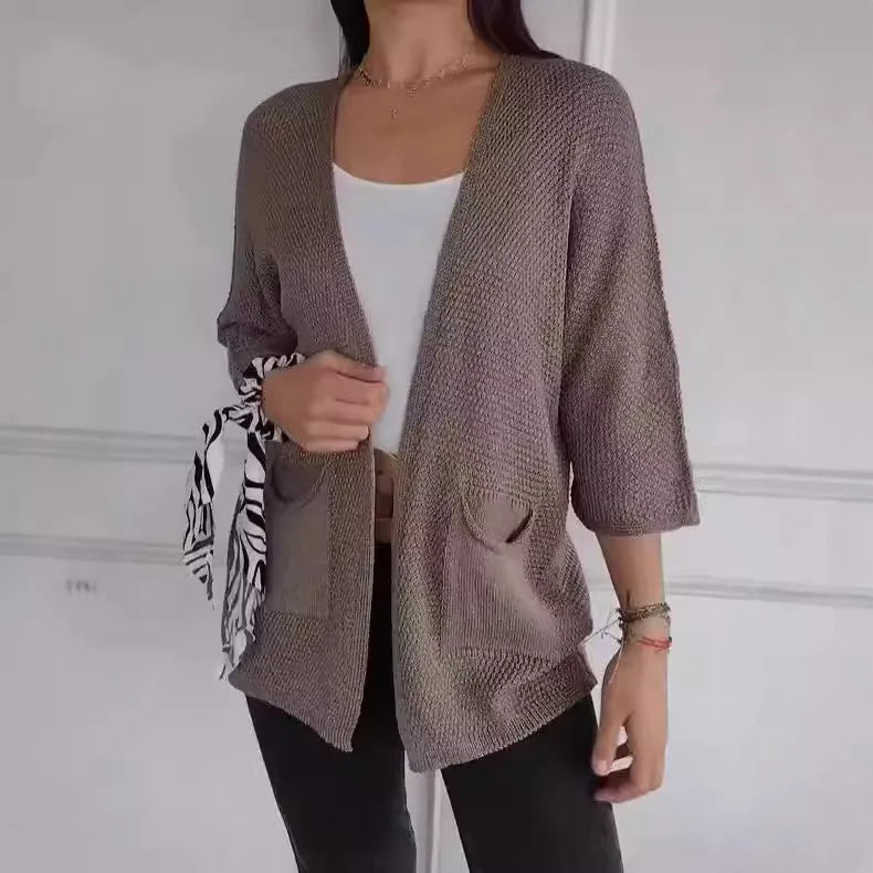 Women's waffle texture cardigan coat with nine-quarter sleeves in army green colour