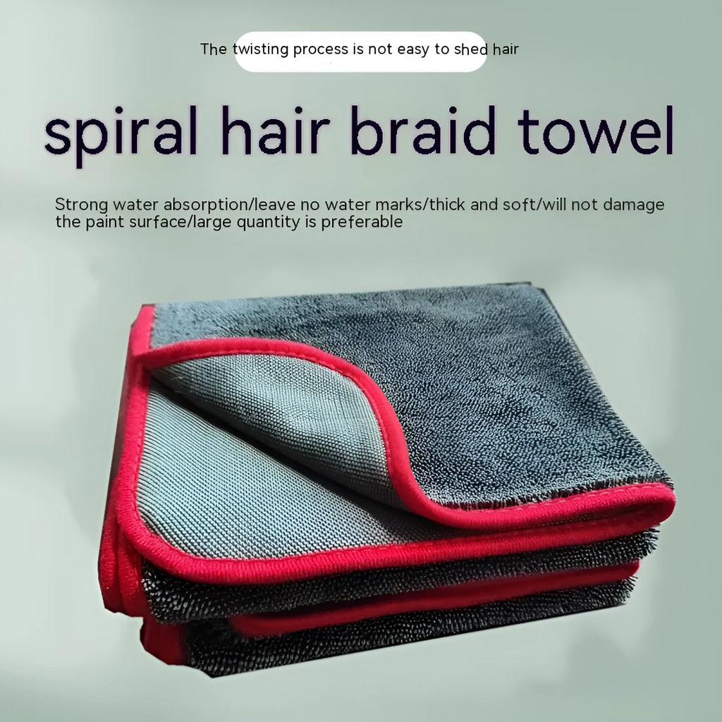 Grey car cleaning towel with black trim edge in various sizes from 20x30cm to 60x160cm.