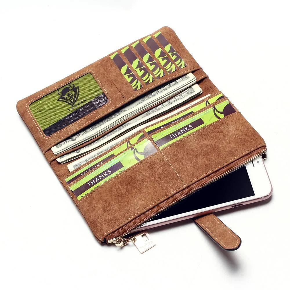 Women's retro matte PU leather long wallet with zipper closure showing interior compartments