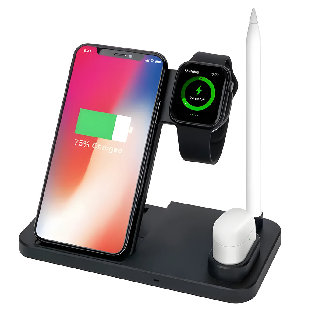 4-in-1 wireless charging station showing phone, Apple Watch, and AirPods charging on adjustable magnetic stand.