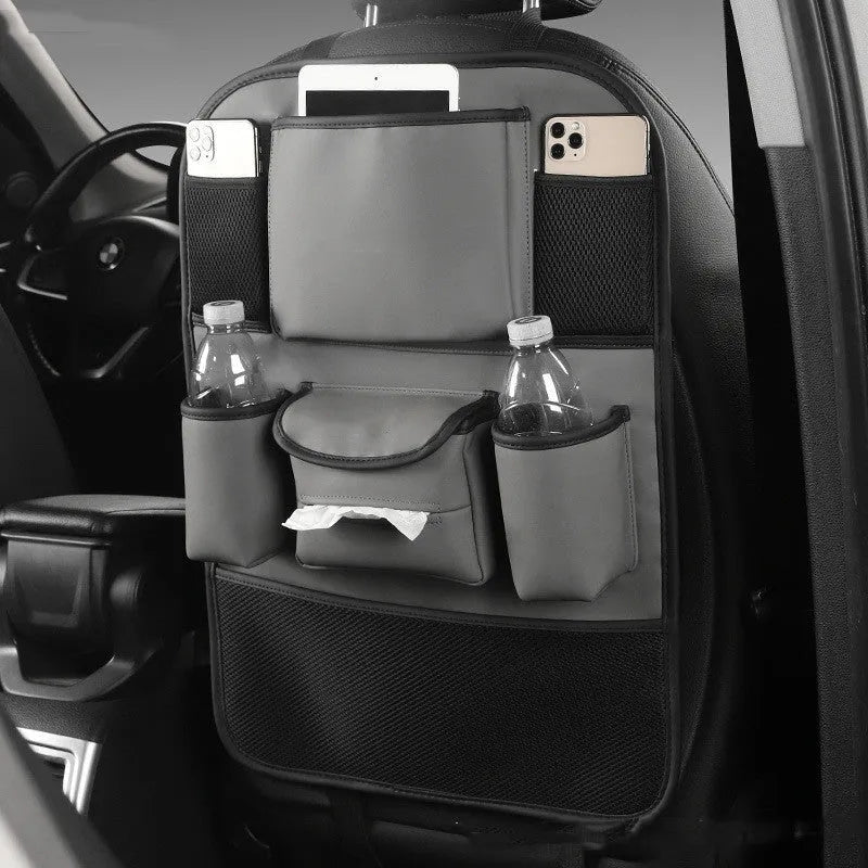 Leather car seat back storage organiser in black, grey, green, or brown colours