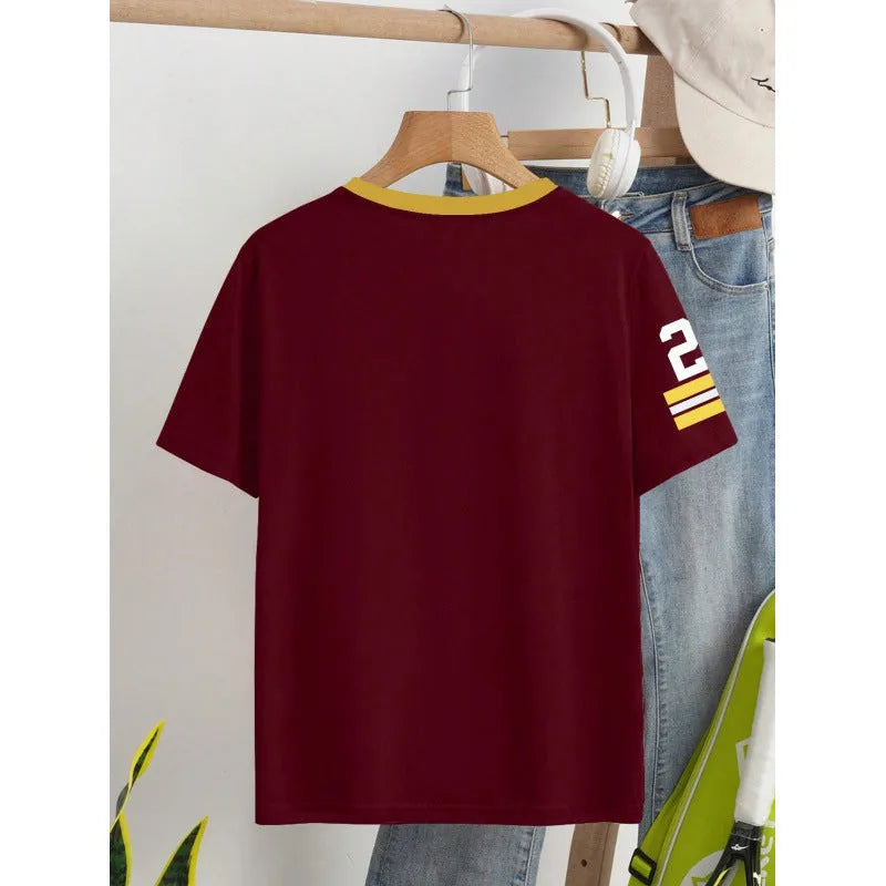 Casual loose-fitting red cotton T-shirt with a digital printed letter design on the front.