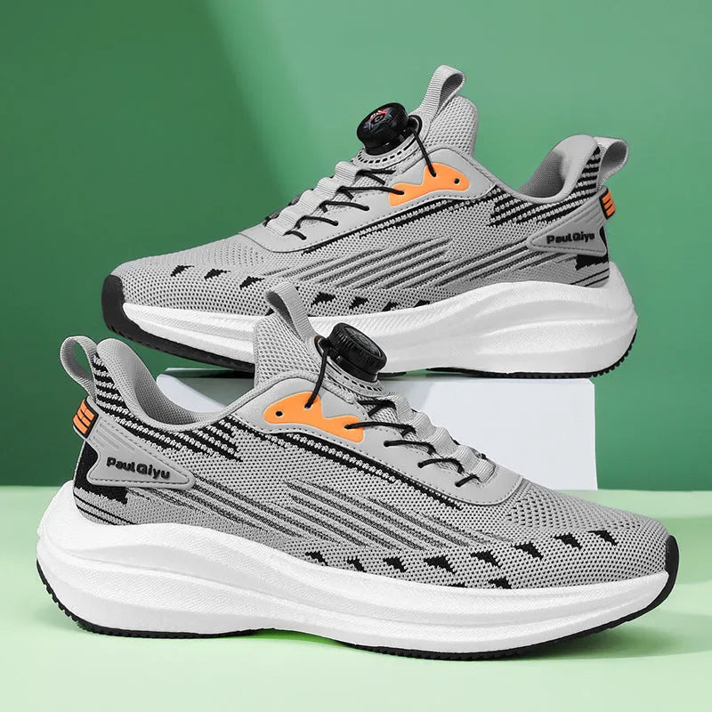 Men's rotating buckle fly-kit mesh casual sports running shoes in white green colour