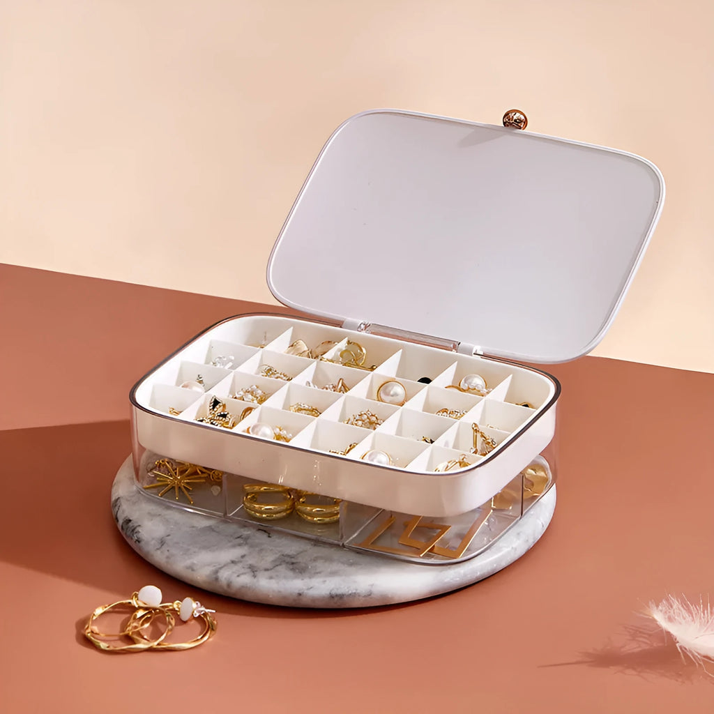 Green modern minimalist jewelry storage box with multi-layer compartments measuring 17 by 11 by 4.6 centimetres