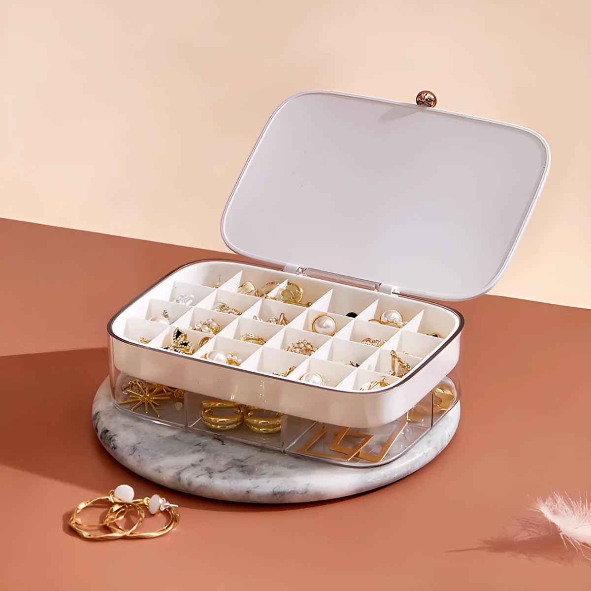 Green modern minimalist jewelry storage box with multi-layer compartments measuring 17 by 11 by 4.6 centimetres