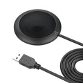 Black USB desktop microphone with metal mesh cover and 70mm diameter
