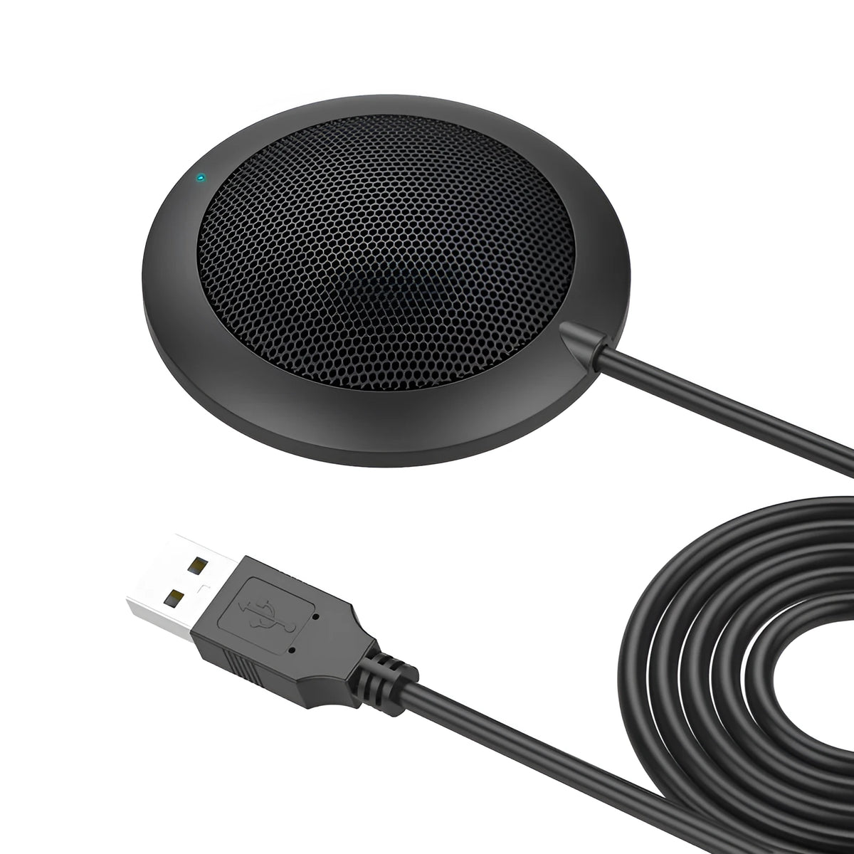 Black USB desktop microphone with metal mesh cover and 70mm diameter