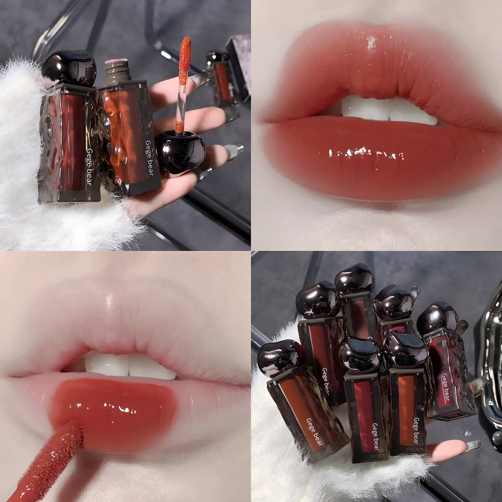 Glacier Lava Lip Lacquer in a tube showing its shiny, mirror finish with seven colour options from 01 to 07.