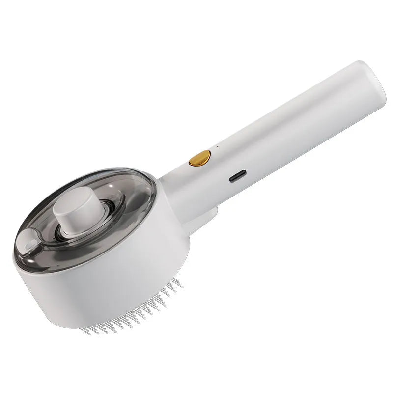 Ceramic white rechargeable pet grooming brush with UVC light, essential oil tank, and soft needles for dogs and cats