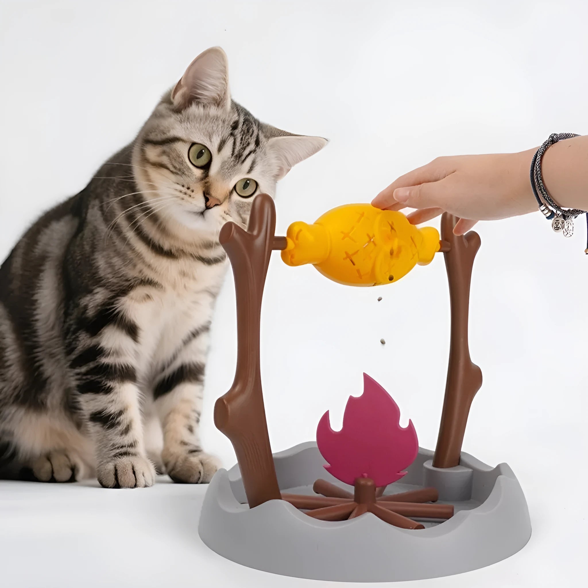 Barbecue-style cat food tumbling feeder with self-healing design measuring 30x30x29cm