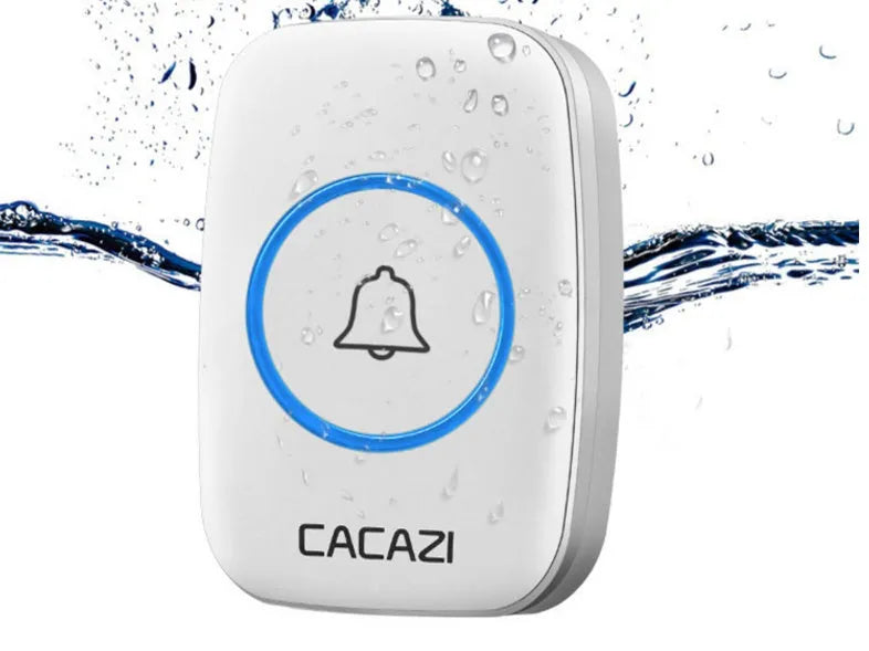 Wireless plug-in doorbell receiver and push button in black, white, silver, or gold finishes.