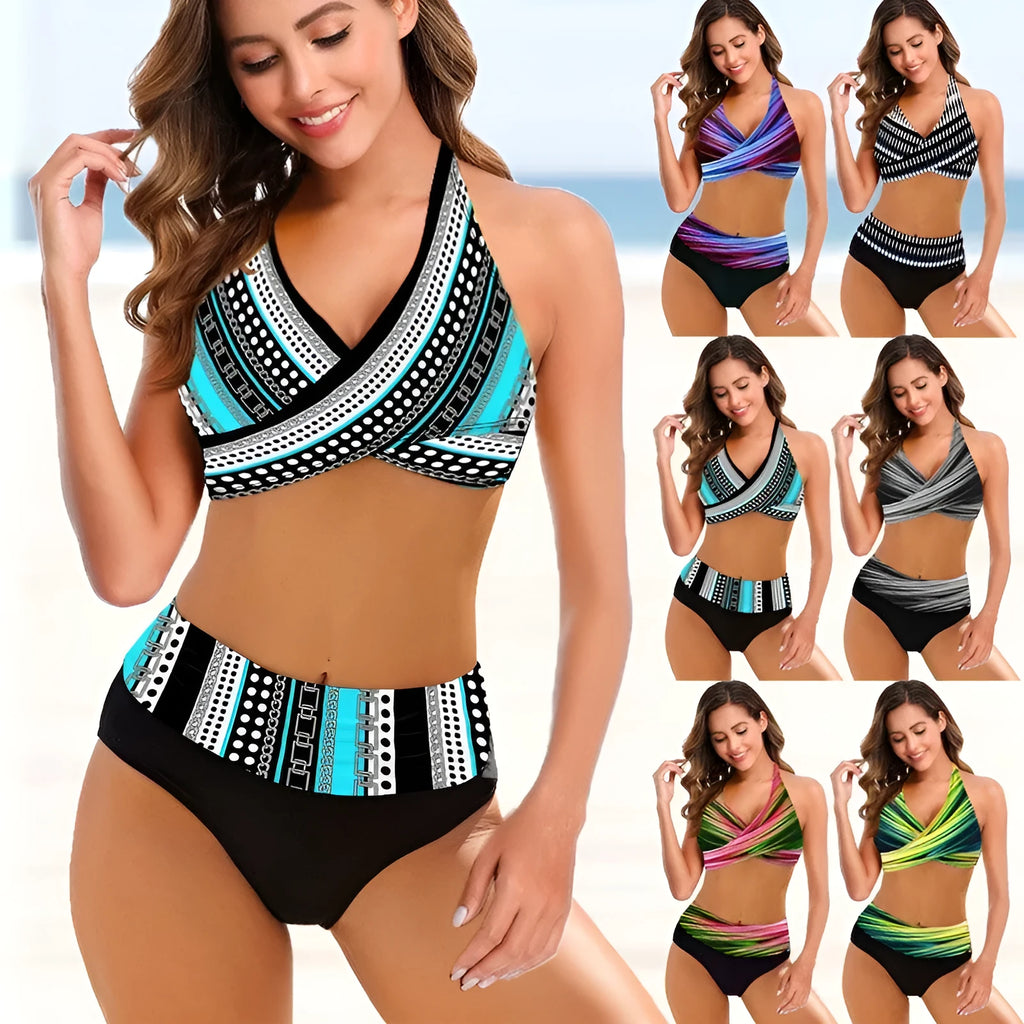 Women's striped tie-dye hollow bikini set with high-waisted briefs in European style