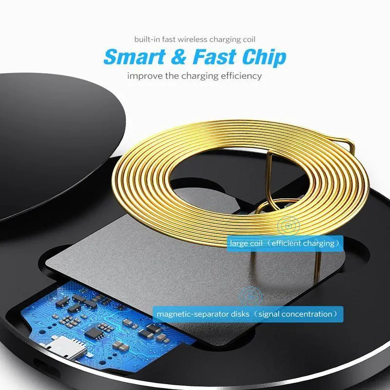 Ultra-thin black wireless charging pad with QI fast charge capability measuring 98x98mm