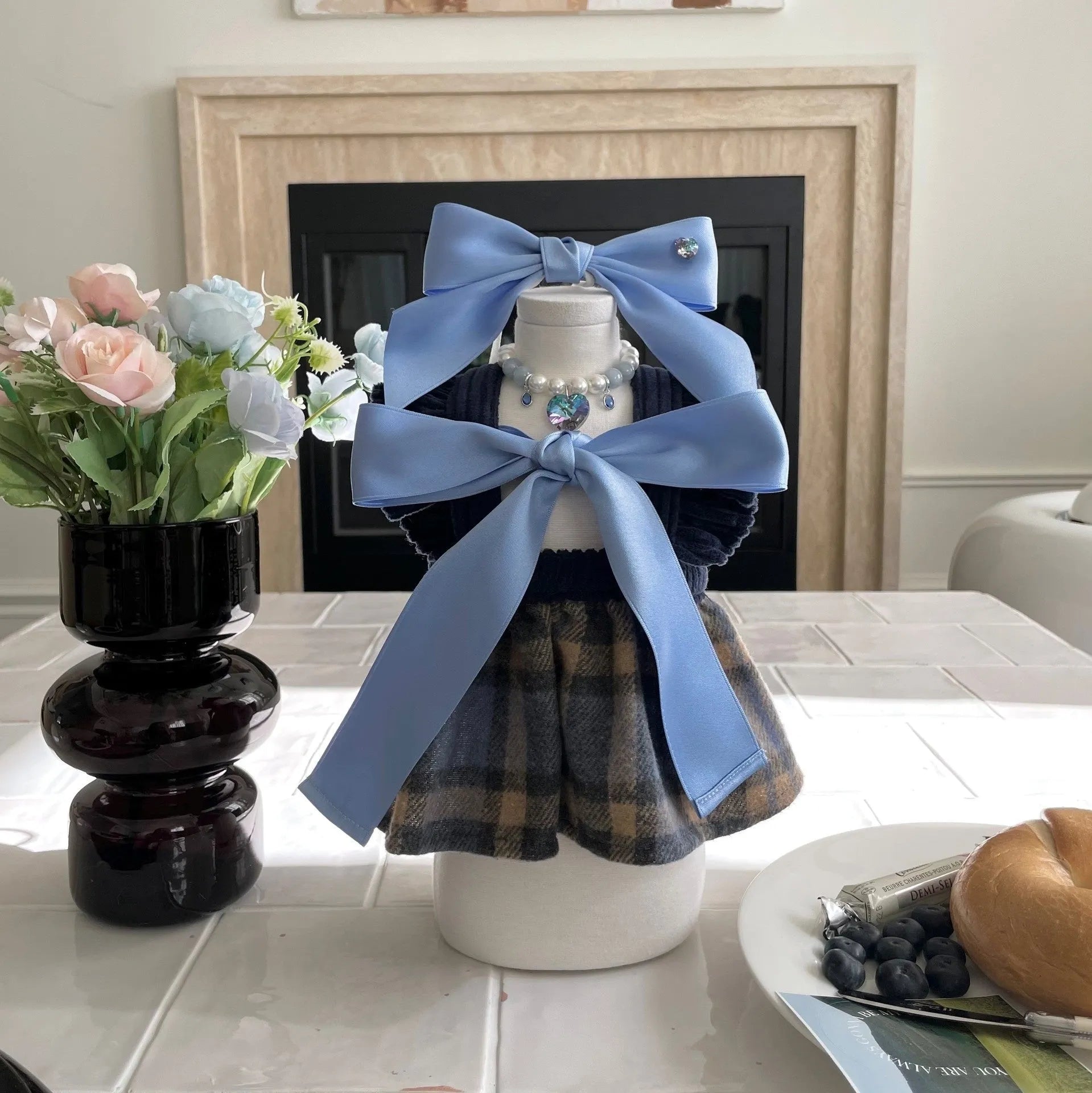 Princess style dog hair band with adjustable bow on polyester cotton ribbon