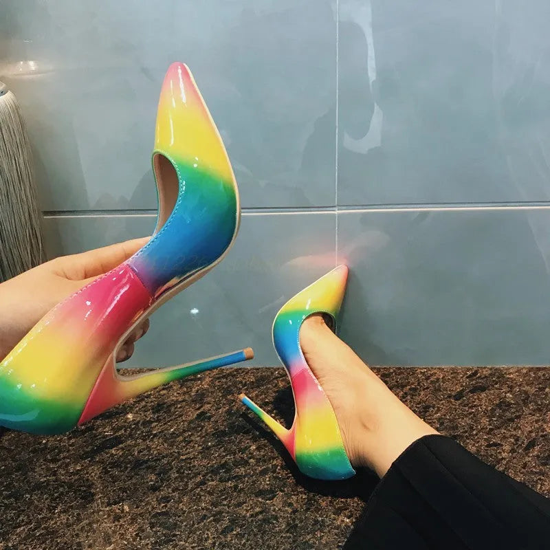 Rainbow patent leather ultra-high heel stiletto pumps with pointed toe