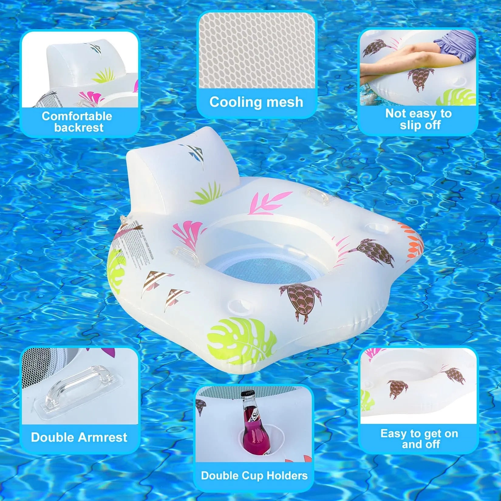 White luminous U-shaped inflatable pool float showing adult seating design on water