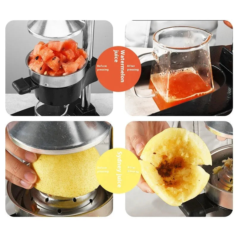 Tall black cast iron manual citrus juicer with stainless steel funnel on a kitchen counter.