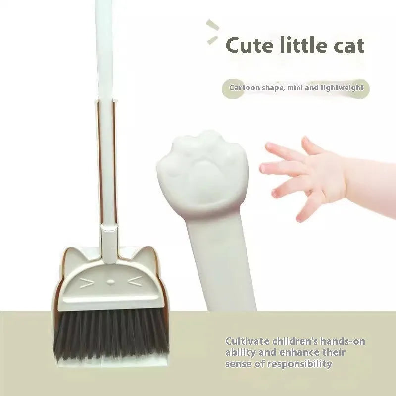 Plastic broom and dustpan set with adjustable rotating brush head in beige colour.