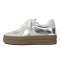Retro round toe casual board shoes with cross shoulder straps in silver colour
