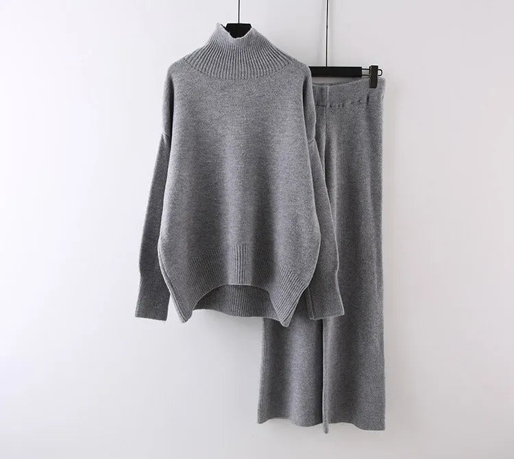 Women's beige acrylic sweater and wide-leg trousers two-piece casual set