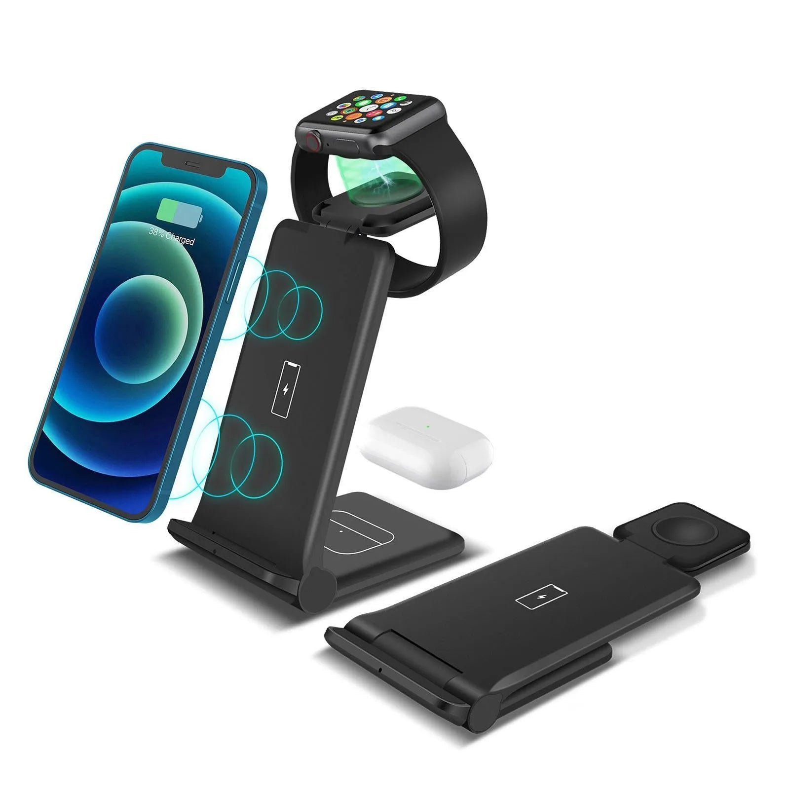 White 3-in-1 foldable wireless charging station charging an iPhone, Apple Watch, and AirPods case on a desk.
