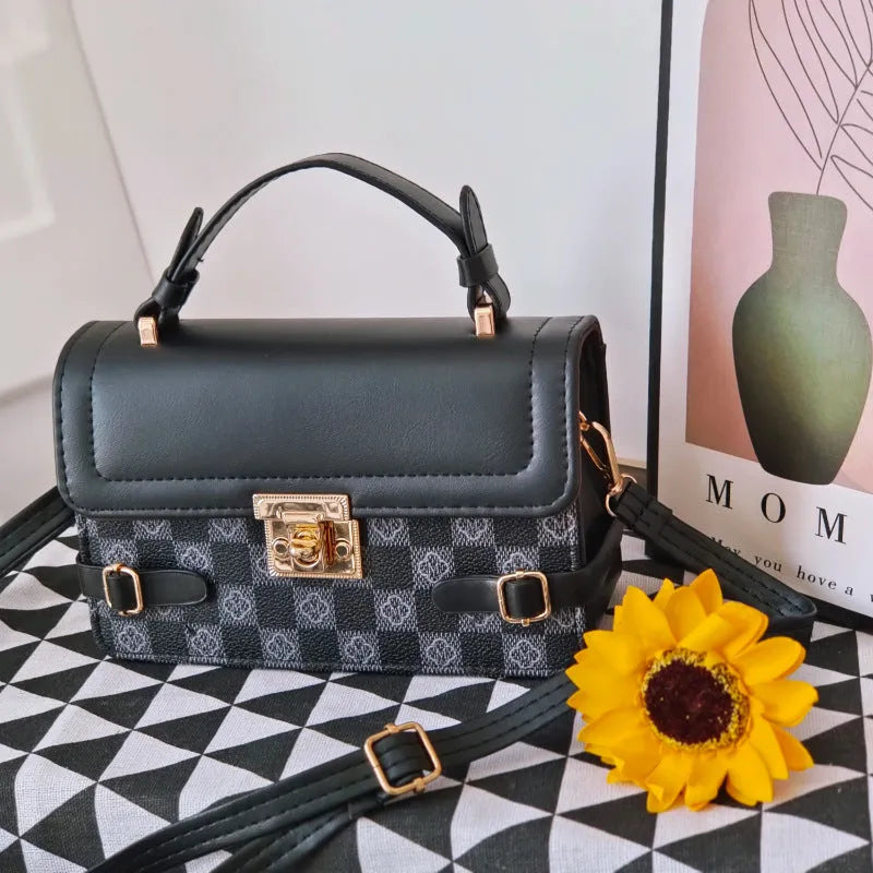 PU leather crossbody bag with small square ethnic pattern design showing file bag interior organisation