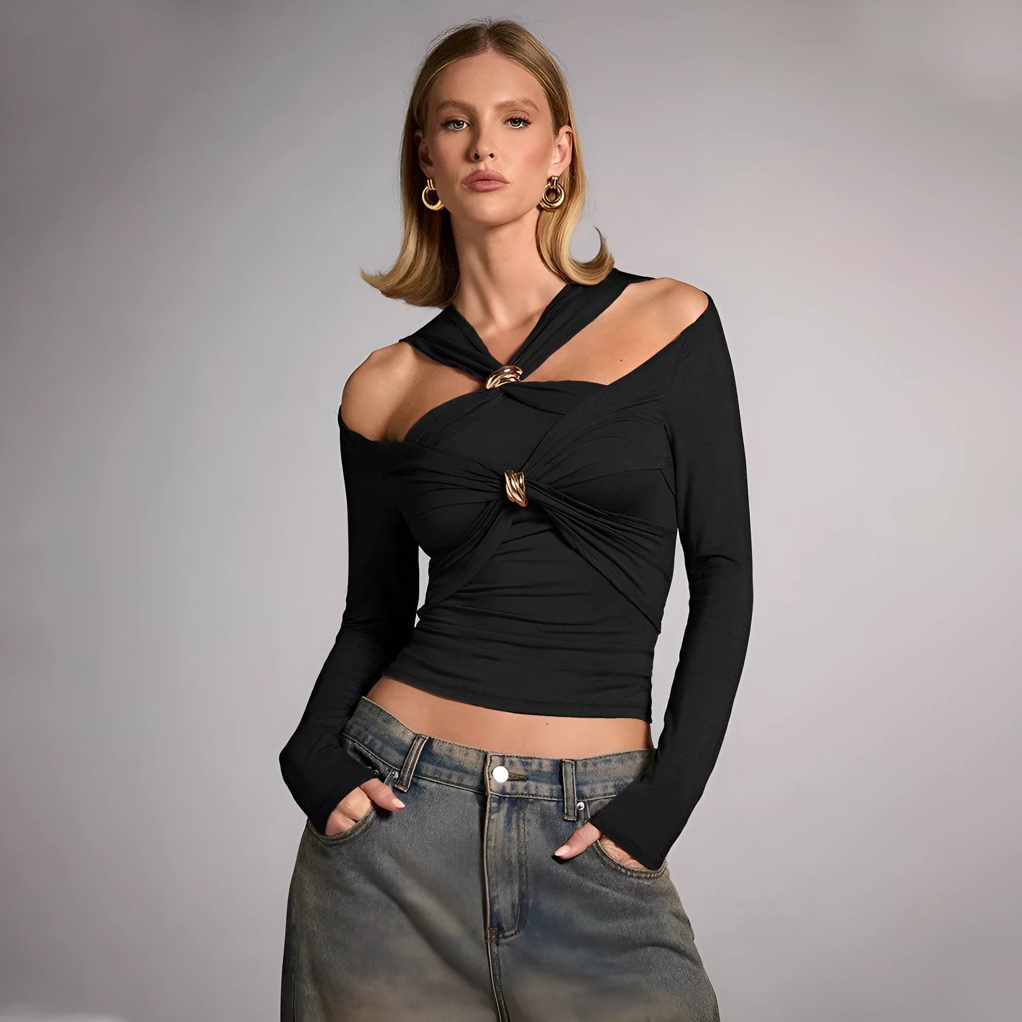 Black women's slim fit halter top with long sleeves and a strapless V-neck design.