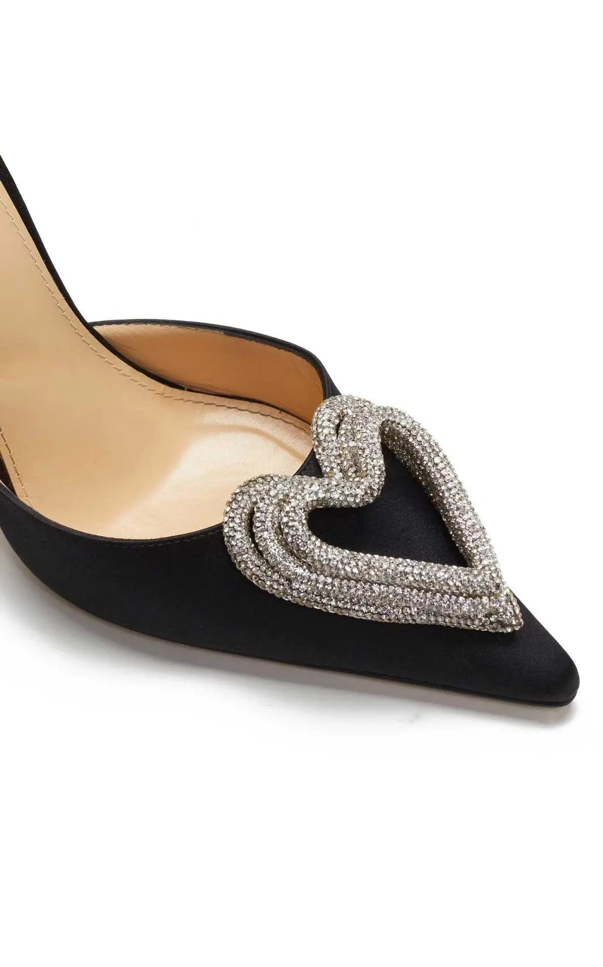 Women's pink satin sandals with heart-shaped rhinestones and adjustable cross-belt ankle straps