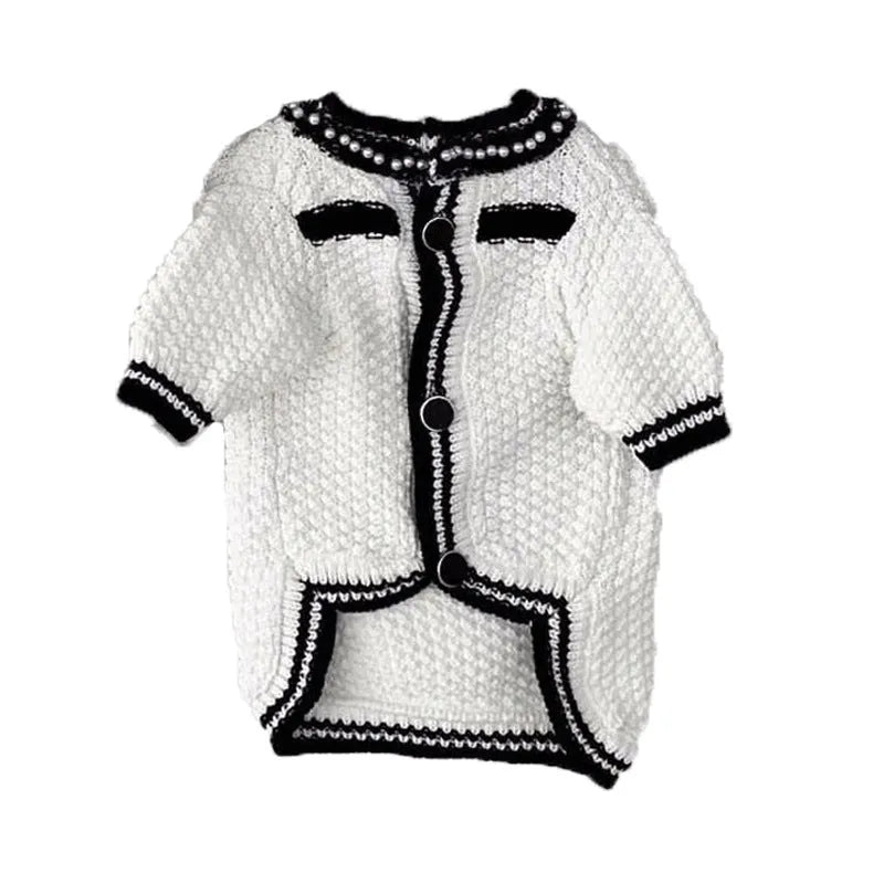 Korean style white puppy sweater with pearl collar for small dogs, size chart showing weight ranges
