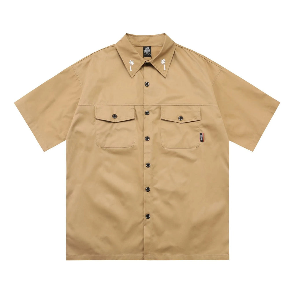 Men's loose fit cotton blend shirt with half sleeves and pockets in black
