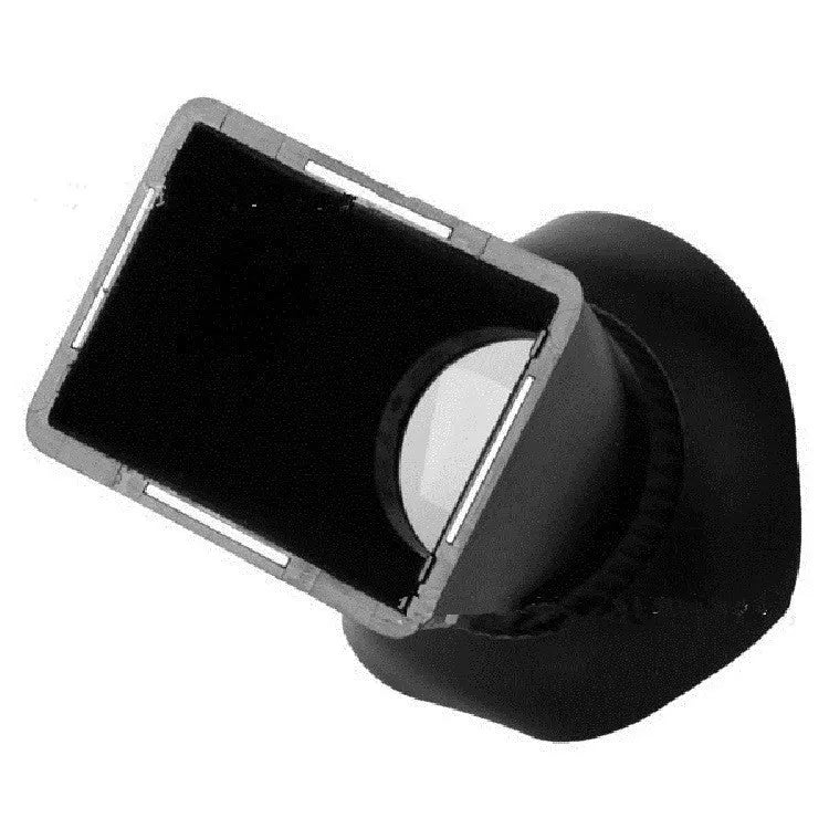 Black camera framing amplifier with magnetic mount attached to a DSLR, magnifying the rear LCD screen.