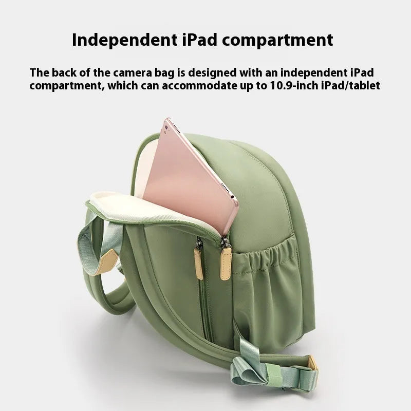 Women's shoulder camera bag with detachable iPad compartment in splash-proof polyester fabric