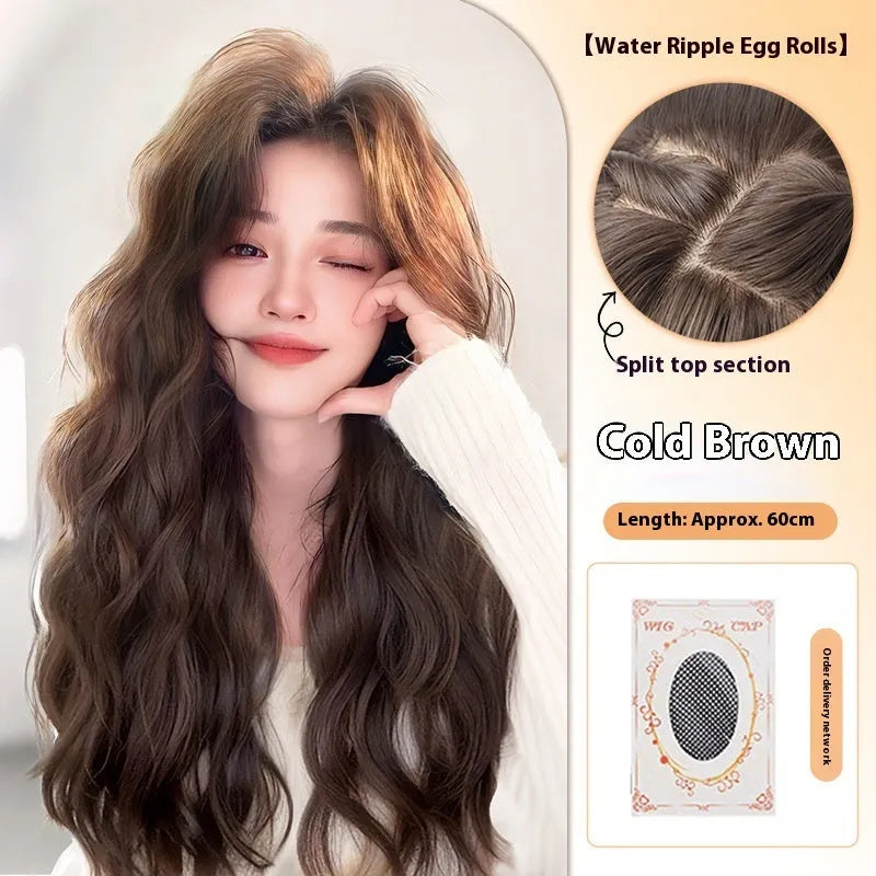 Full-head long curly synthetic wig with side bangs in brown colour options