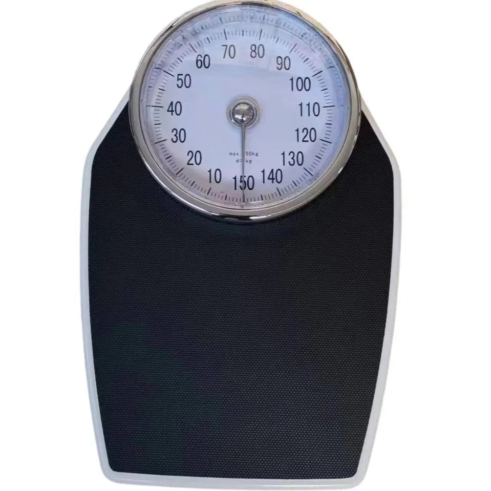 Black mechanical bathroom weight scale with large analogue dial on a simple platform.