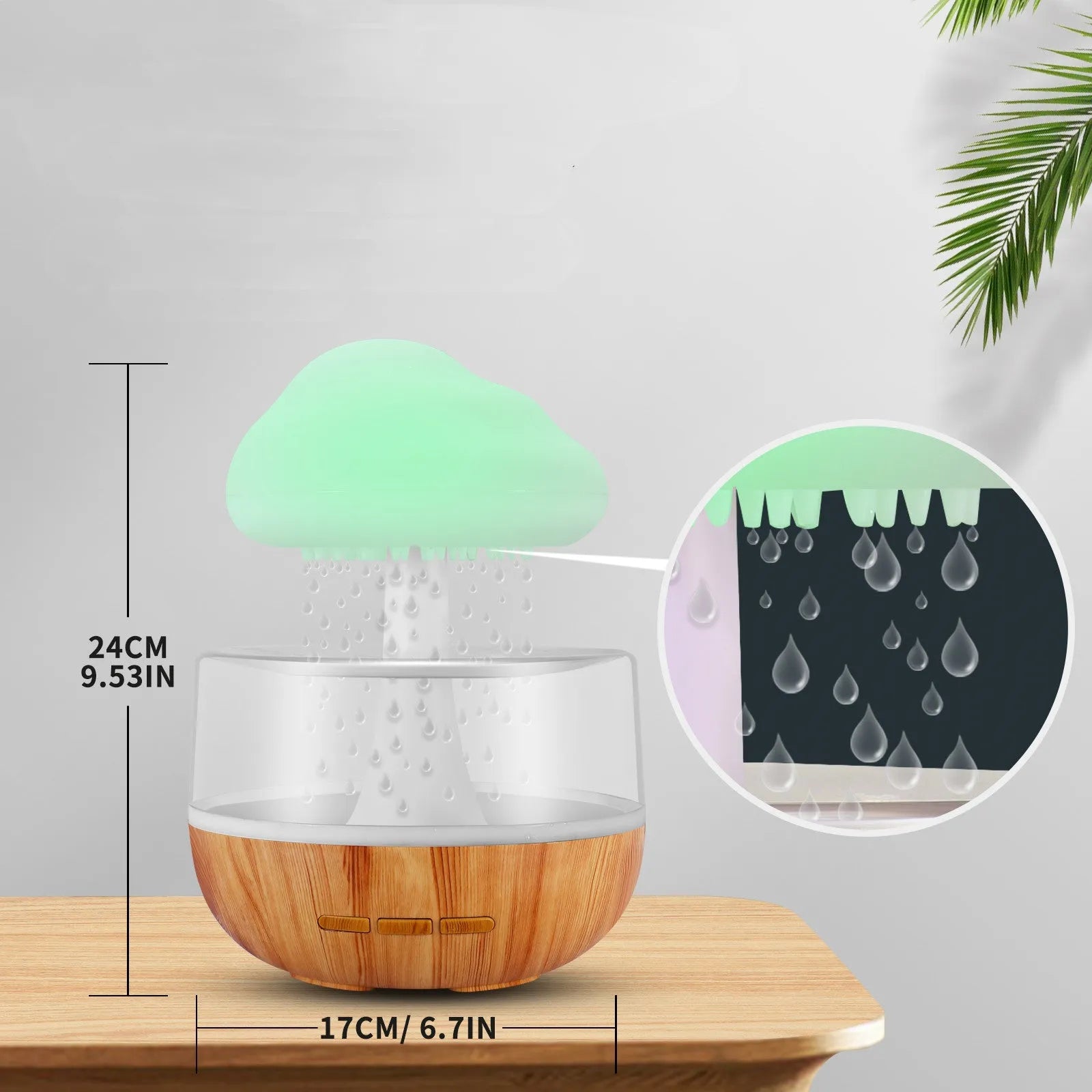 White raining cloud-shaped humidifier with night light and water drop essential oil diffuser.