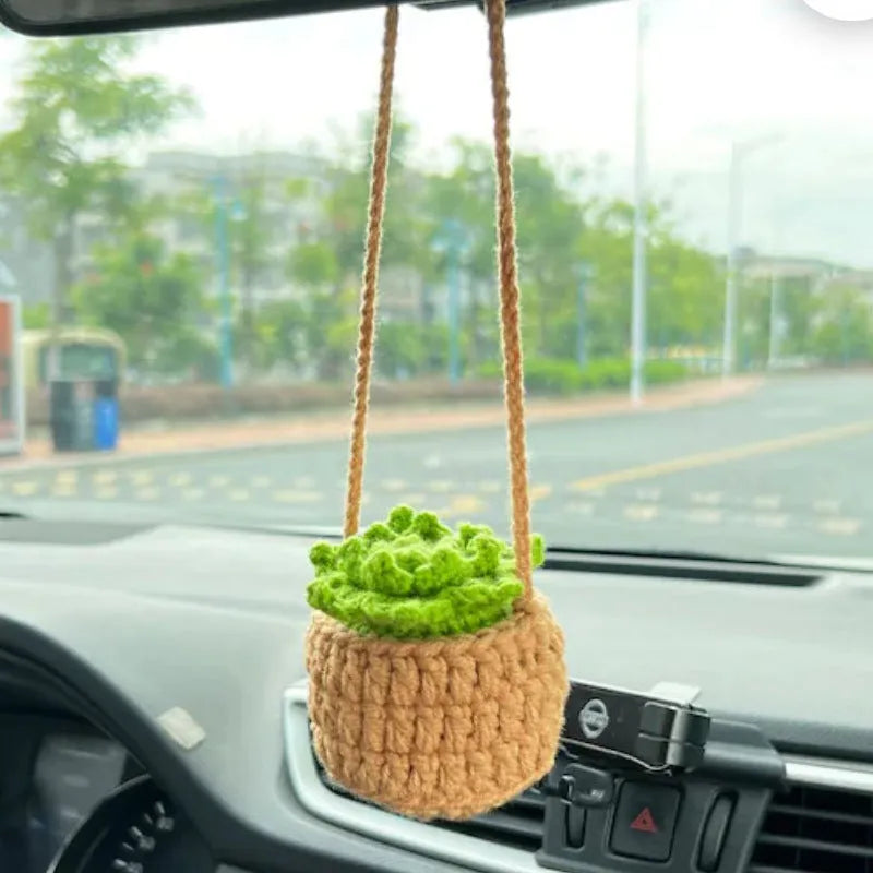 Green and white knitted wool car plant decoration hanging from 25cm white rope