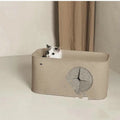 Grey foldable felt cat nest shown both set up and folded flat, placed next to a cat cage.