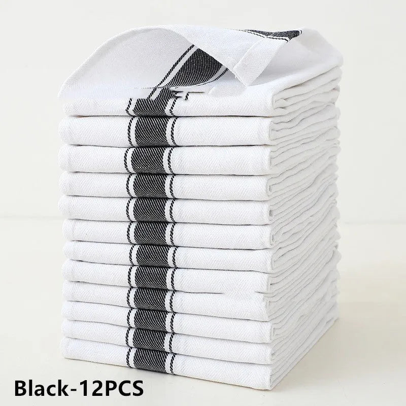 Set of twelve striped cotton dish towels in various colours, each measuring 48 by 70 centimetres.