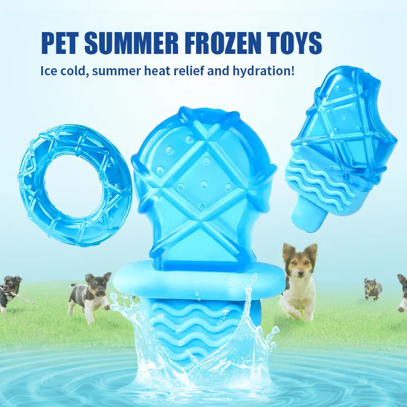 Set of three silicone dog toys: a blue pacifier, a red popsicle, and a green ring for water filling and freezing.
